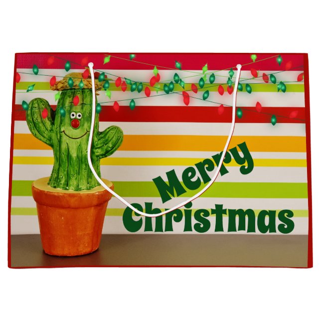 Cute Cactus and Festive String Lights Christmas Large Gift Bag (Front)