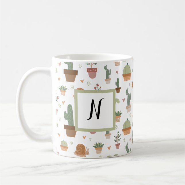 Cute cactus and succulents Monogram Coffee Mug (Left)