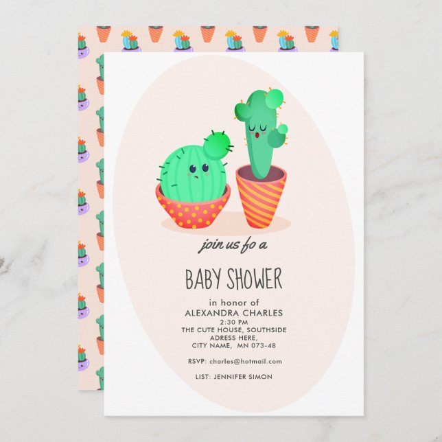 Cute Cactus Baby Shower Invitation (Front/Back)