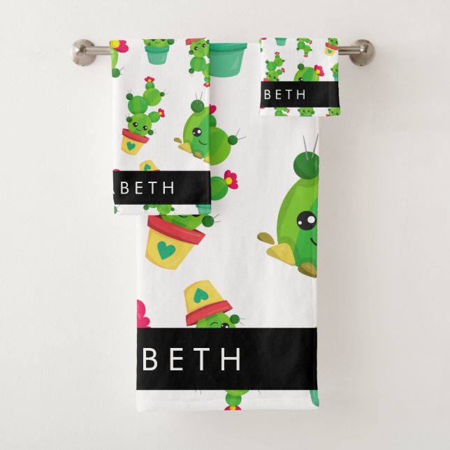 Cute Cactus, Cactus Pattern, Succulent, Your Name Bath Towel Set (Insitu)