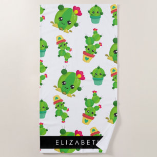 Cute Cactus, Cactus Pattern, Succulent, Your Name Beach Towel