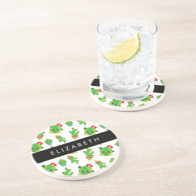 Cute Cactus, Cactus Pattern, Succulent, Your Name Coaster (Side)