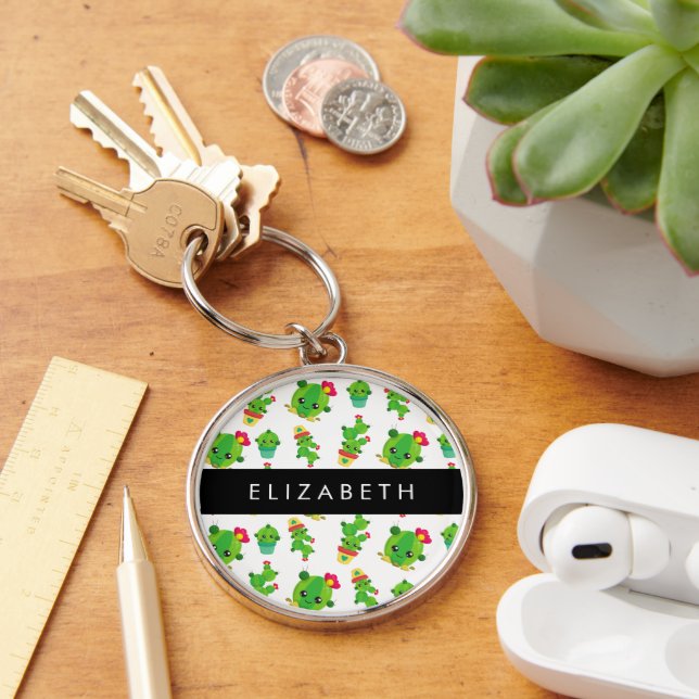 Cute Cactus, Cactus Pattern, Succulent, Your Name Key Ring (Desk)