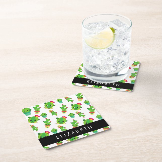 Cute Cactus, Cactus Pattern, Succulent, Your Name Square Paper Coaster (Insitu)