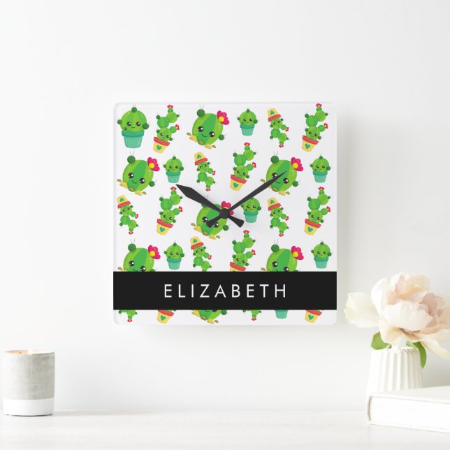 Cute Cactus, Cactus Pattern, Succulent, Your Name Square Wall Clock (Home)