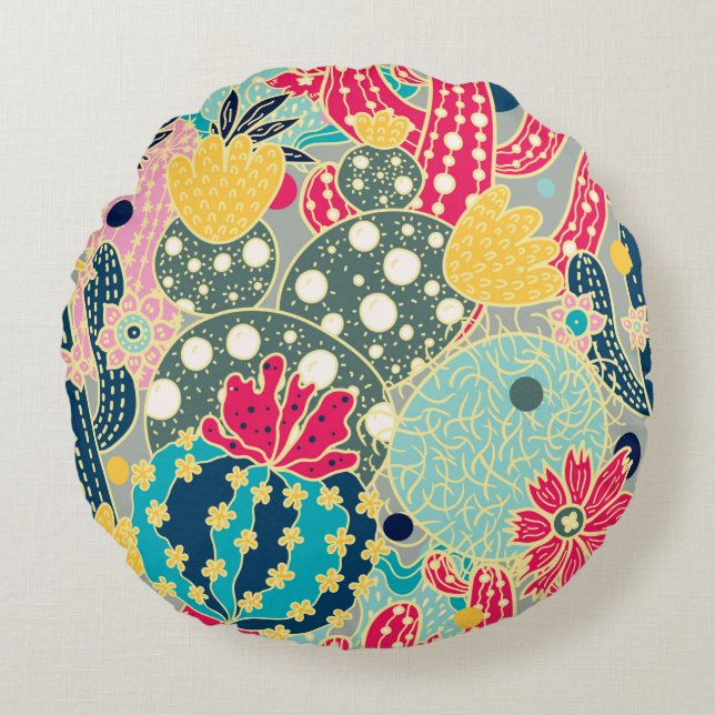 Cute cactus. Colourful seamless pattern.  Round Cushion (Front)