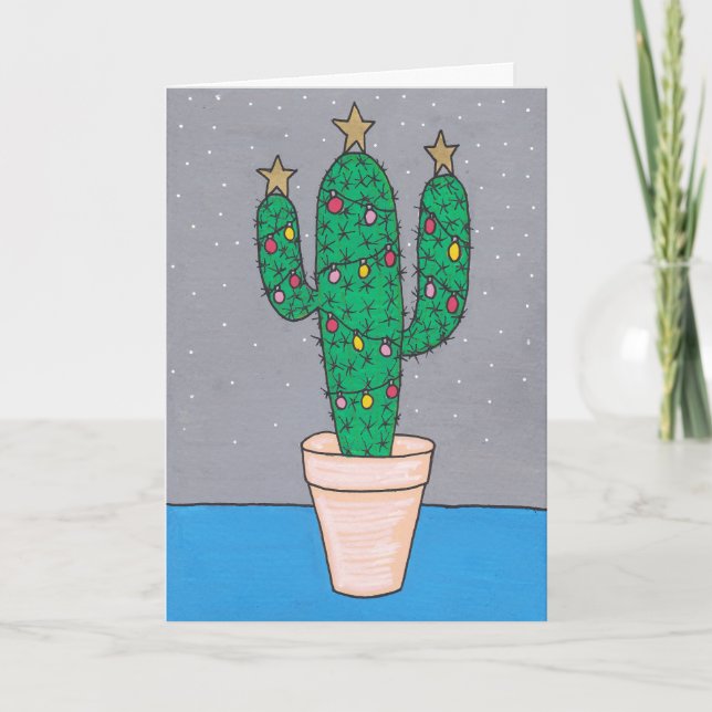 Cute cactus decorated for Christmas, personalised Card (Front)