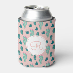 Cute Cactus Drawing Pattern Monogram Can Cooler