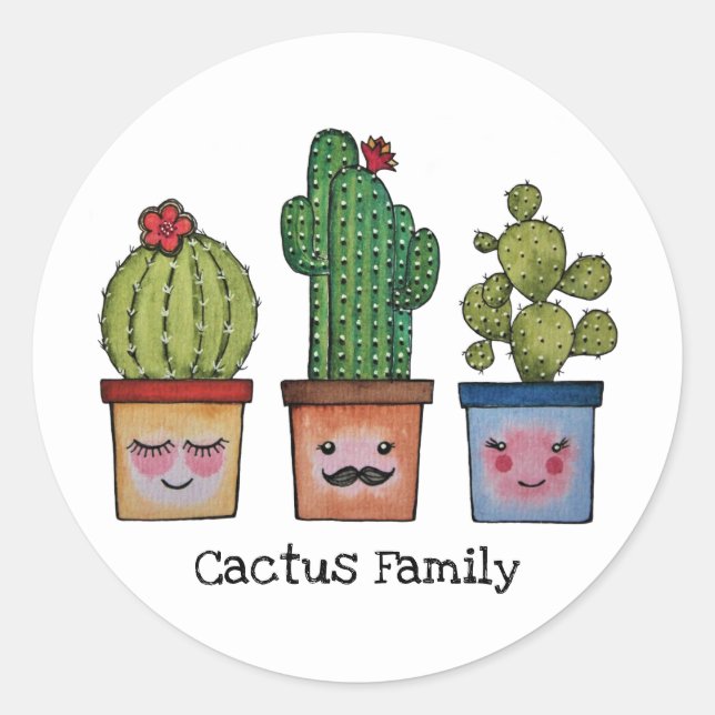 Cute Cactus Family In Watercolor Classic Round Sticker (Front)