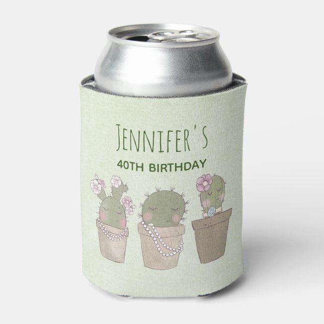 Cute Cactus Girls Wearing Jewellery Birthday Can Cooler (Can Front)