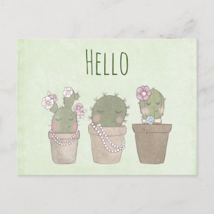 Cute Cactus Girls Wearing Jewellery -  Hello Postcard