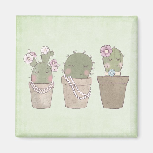 Cute Cactus Girls Wearing Jewellery Magnet (Front)