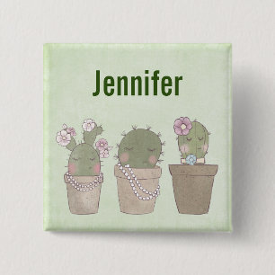 Cute Cactus Girls Wearing Jewelry 15 Cm Square Badge