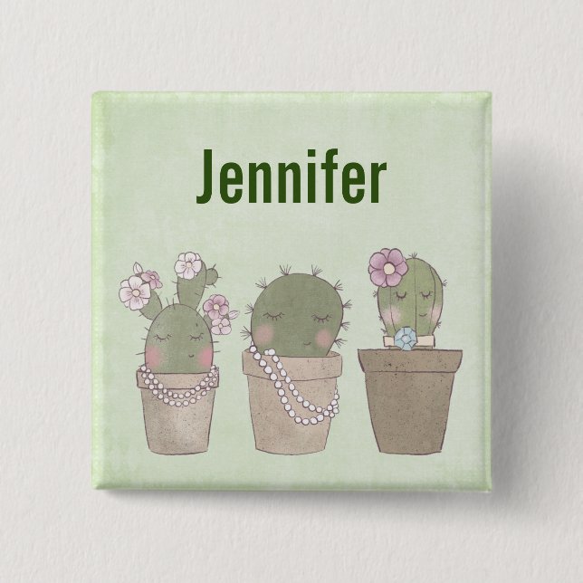 Cute Cactus Girls Wearing Jewelry 15 Cm Square Badge (Front)