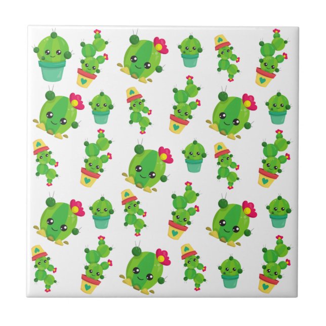 Cute Cactus, Green Cactus, Cactus Pattern Ceramic Tile (Front)