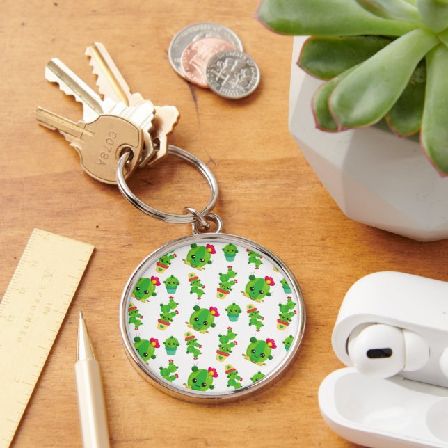 Cute Cactus, Green Cactus, Cactus Pattern Key Ring (Desk)