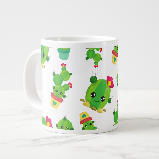 Cute Cactus, Green Cactus, Cactus Pattern Large Coffee Mug (Front Left)
