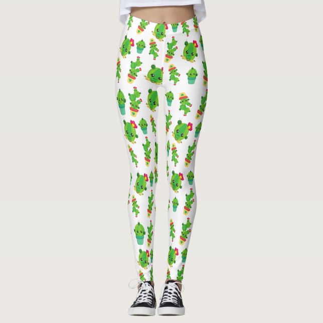 Cute Cactus, Green Cactus, Cactus Pattern Leggings (Front)