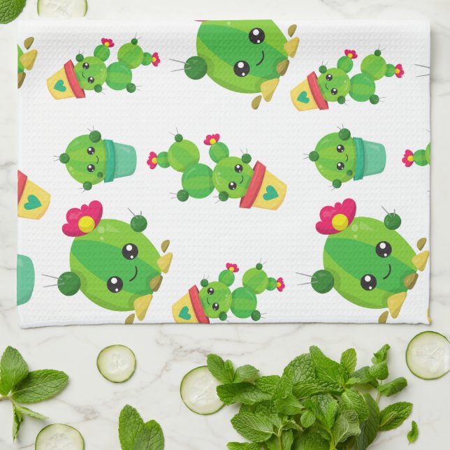 Cute Cactus, Green Cactus, Cactus Pattern Tea Towel (Folded)
