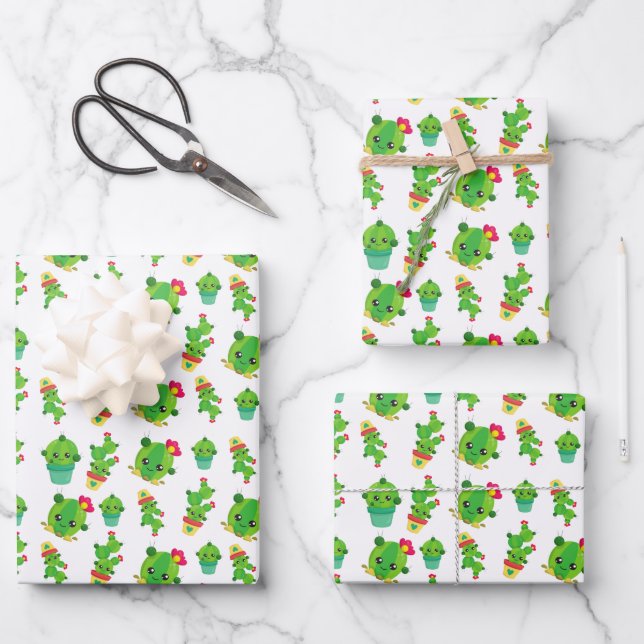 Cute Cactus, Green Cactus, Cactus Pattern Wrapping Paper Sheet (Front)