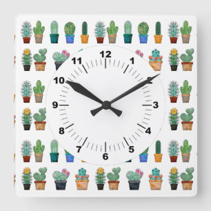 Cute Cactus Greenery Flower Nature Square Wall Clock