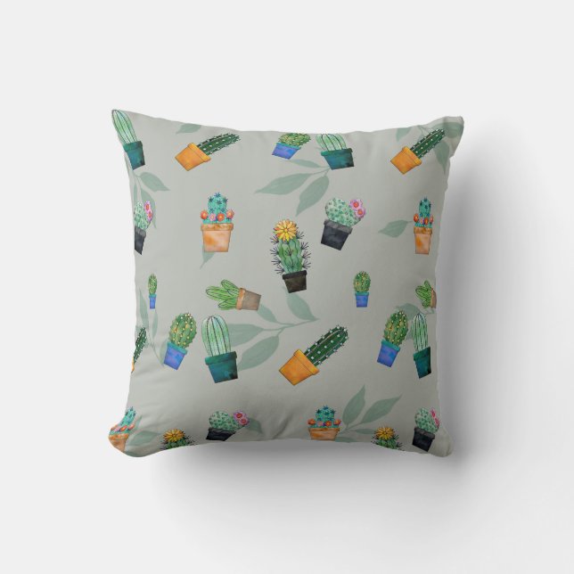 Cute Cactus Greenery Flower Pattern Cushion (Front)