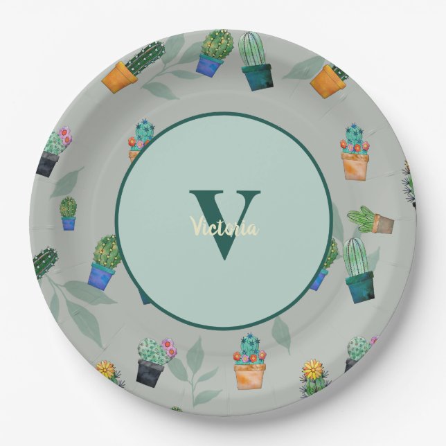 Cute Cactus Greenery Flower Pattern Paper Plate (Front)