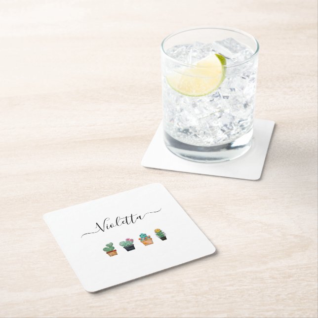 Cute Cactus Greenery Flower Square Paper Coaster (Insitu)