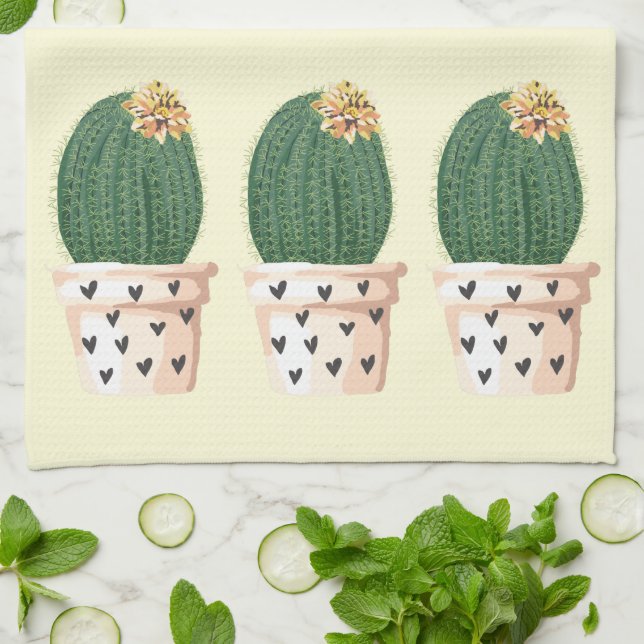 Cute Cactus Heart Pot Whimsical Succulent Floral Tea Towel (Folded)