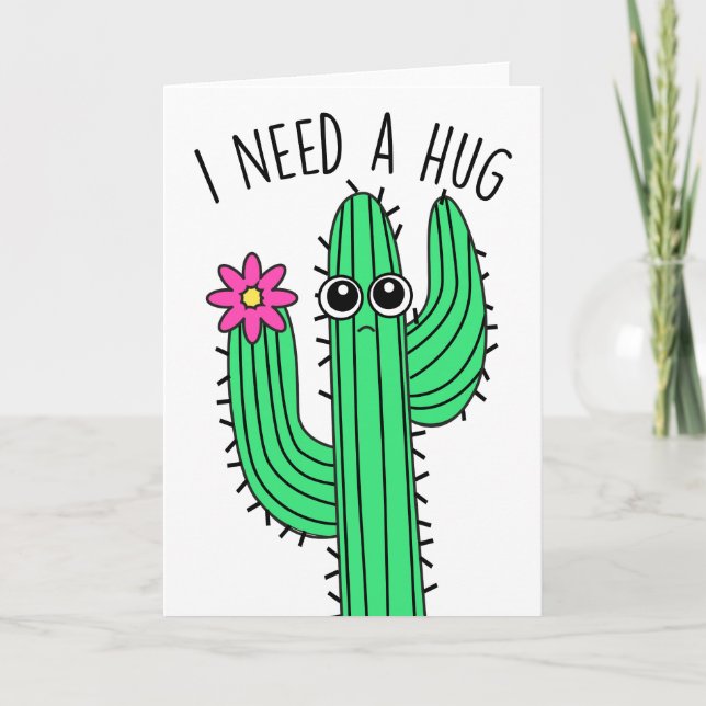 Cute Cactus 'I Need a Hug' Greeting Card (Front)