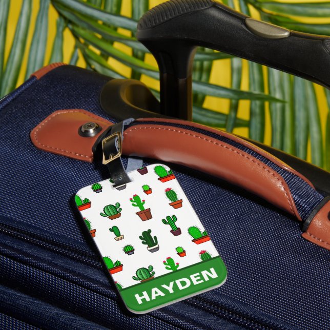 Cute Cactus illustrations Pattern Personalised Luggage Tag (Front Insitu 1)