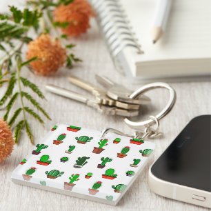 Cute Cactus illustrations Pattern White Key Ring