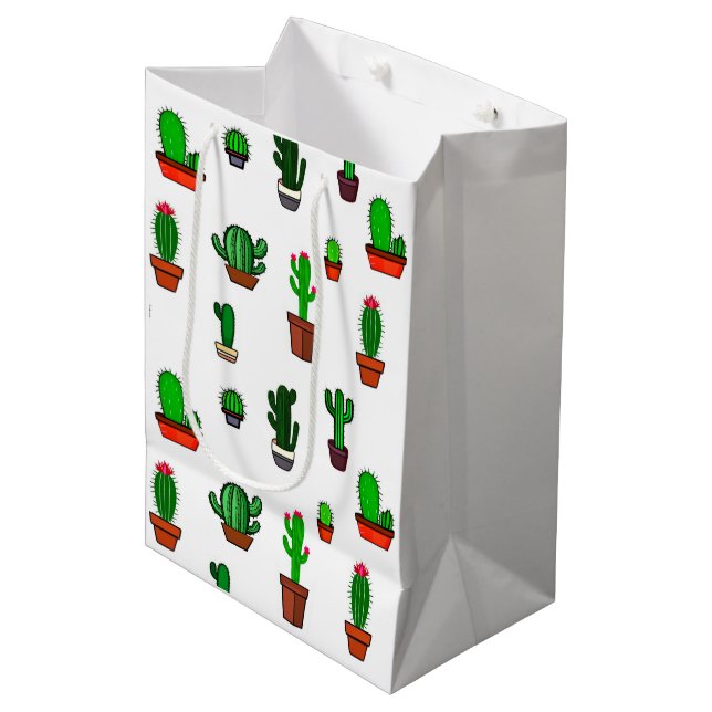 Cute Cactus illustrations Pattern White Medium Gift Bag (Front Angled)