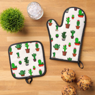 Cute Cactus illustrations Pattern White Oven Mitt & Pot Holder Set