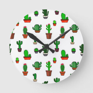 Cute Cactus illustrations Pattern White Round Clock