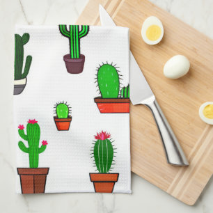 Cute Cactus illustrations Pattern White Tea Towel