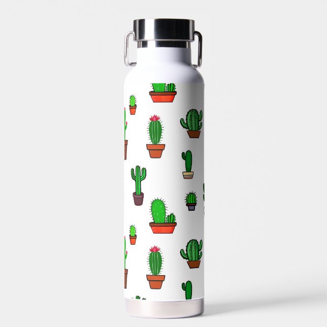 Cute Cactus illustrations Pattern White Water Bottle (Front)