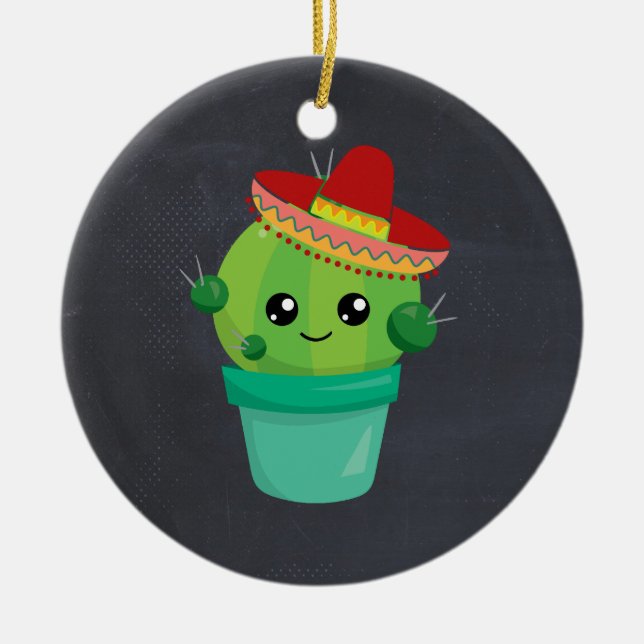 Cute Cactus in a Sombrero on Black Chalkboard Ceramic Ornament (Front)