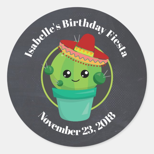 Cute Cactus in a Sombrero on Black Chalkboard STD Classic Round Sticker (Front)