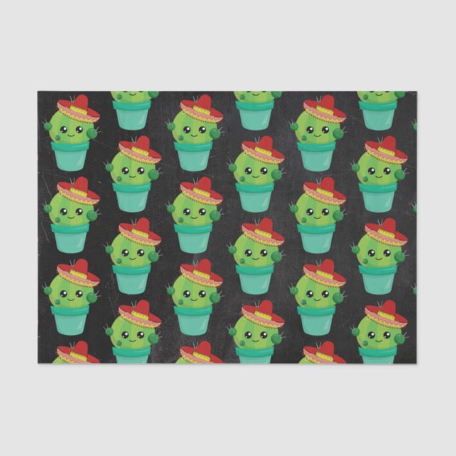 Cute Cactus in a Sombrero on Black Chalkboard Tissue Paper (Front)