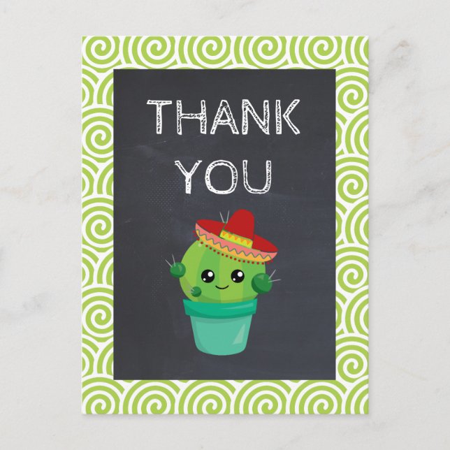 Cute Cactus in a Sombrero on Chalkboard Thank You Postcard (Front)