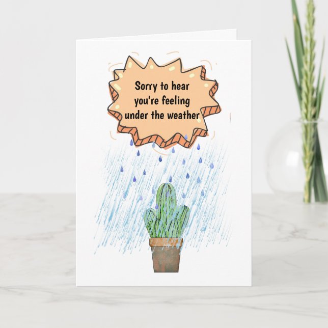 Cute cactus in rain under the weather depressed card (Front)