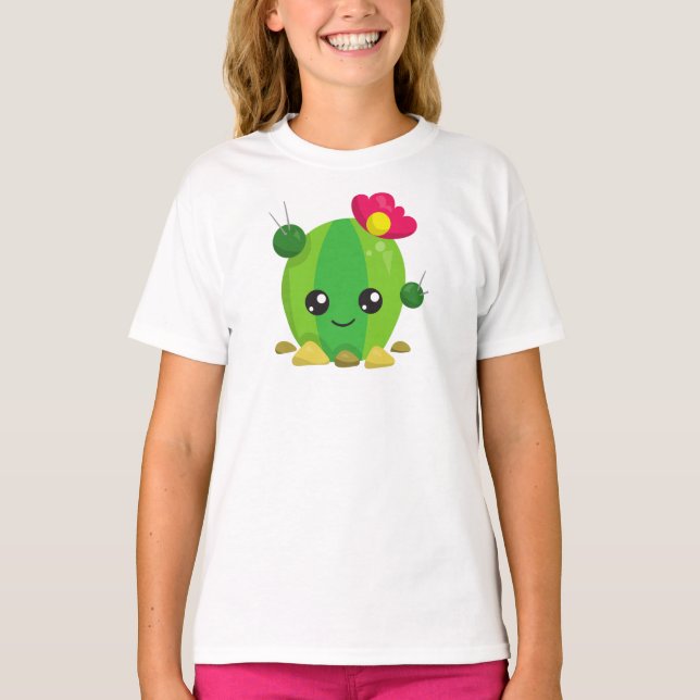 Cute Cactus, Kawaii Cactus, Green Cactus, Flowers T-Shirt (Front)