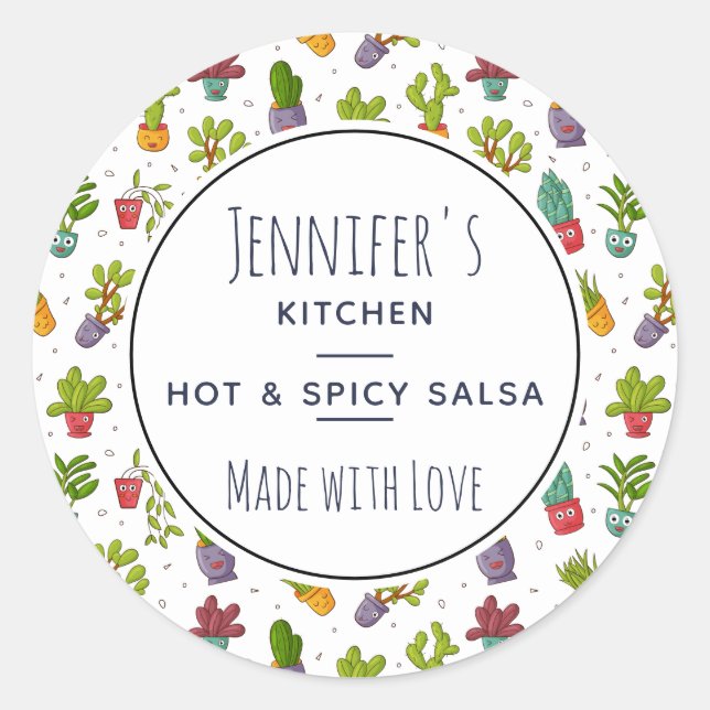 Cute Cactus Nature Succulents Pattern Kitchen Classic Round Sticker (Front)