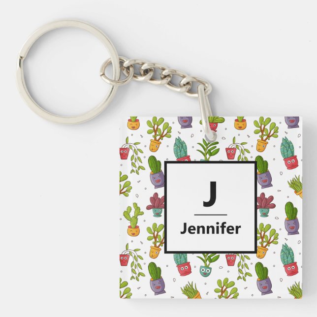 Cute Cactus Nature Succulents Pattern Monogram Key Ring (Front)
