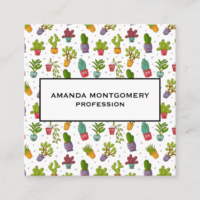 Cute Cactus Nature Succulents Pattern Square Business Card (Front)