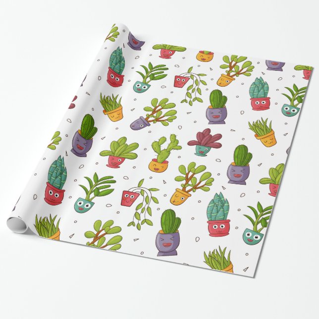 Cute Cactus Nature Succulents Pattern Wrapping Paper (Unrolled)