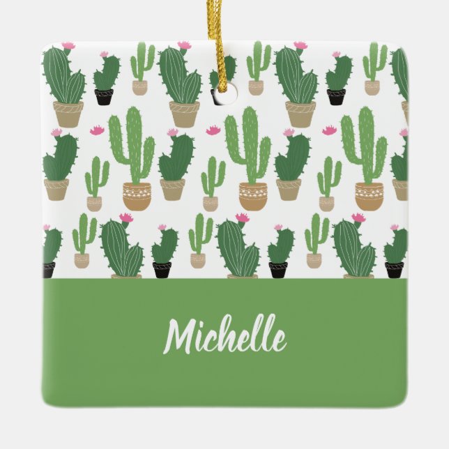 Cute Cactus Pattern Monogrammed  Ceramic Ornament (Front)