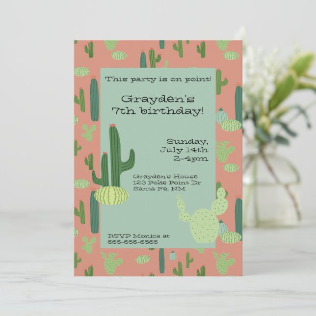 Cute Cactus Peach & Green Birthday Invitation (Standing Front)