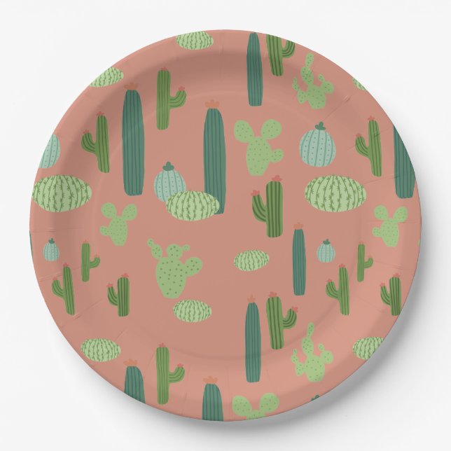 Cute Cactus Peach & Green Paper Plate (Front)